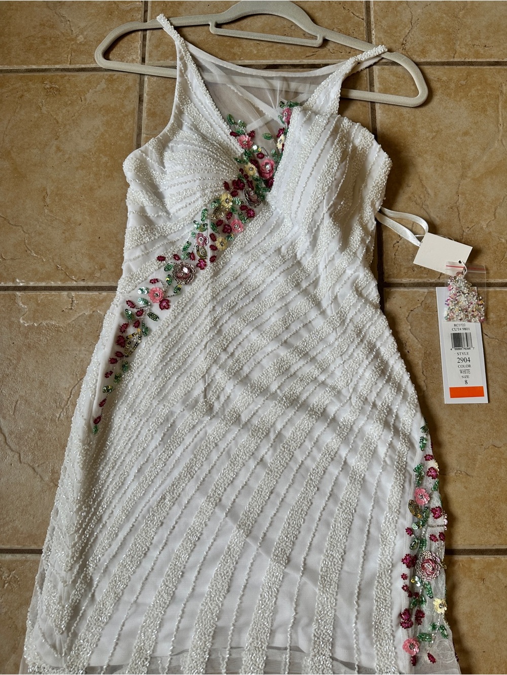White Beaded Midi Dress with Floral Embroidery Colors dress